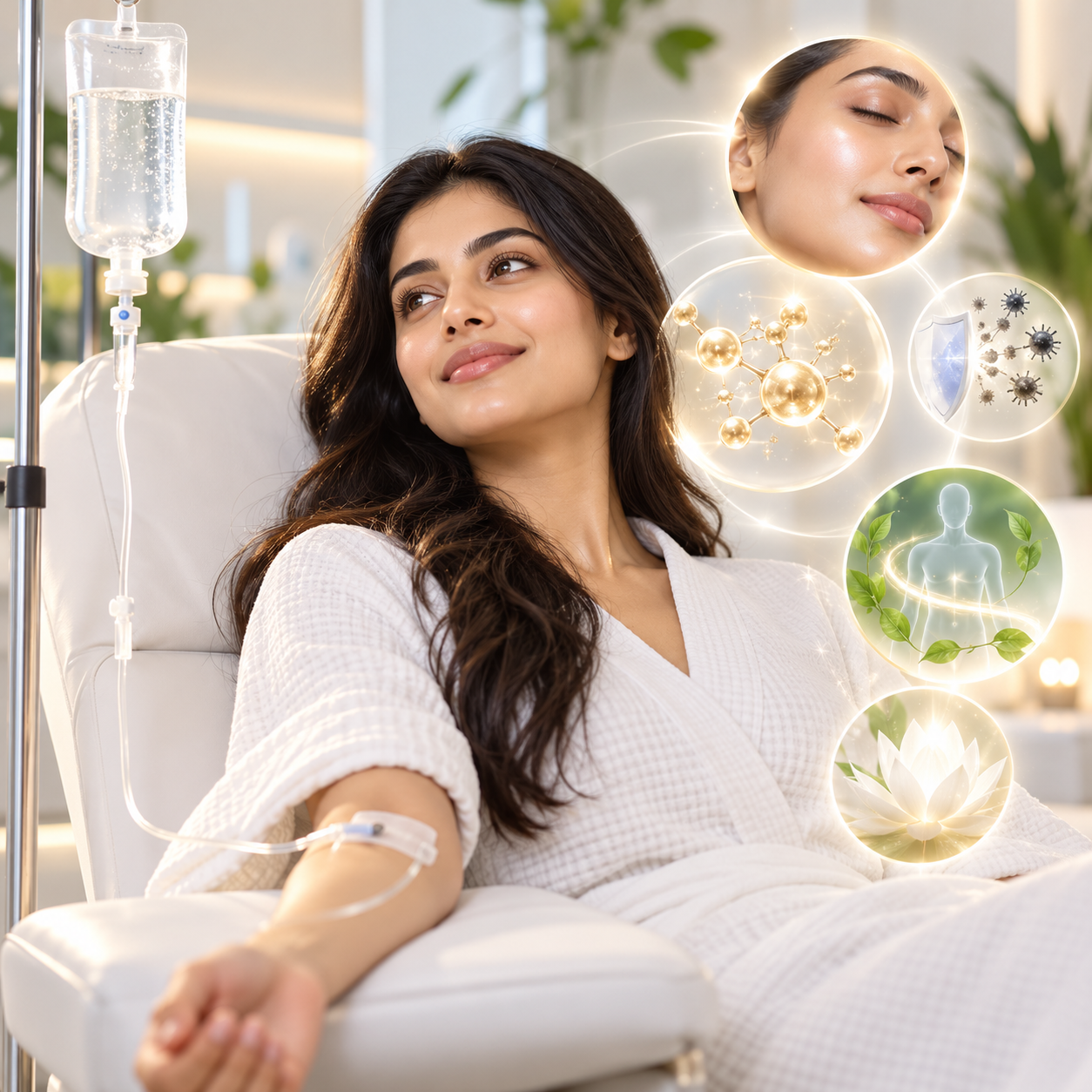 Glutathione molecular structure alongside a skin-care illustration